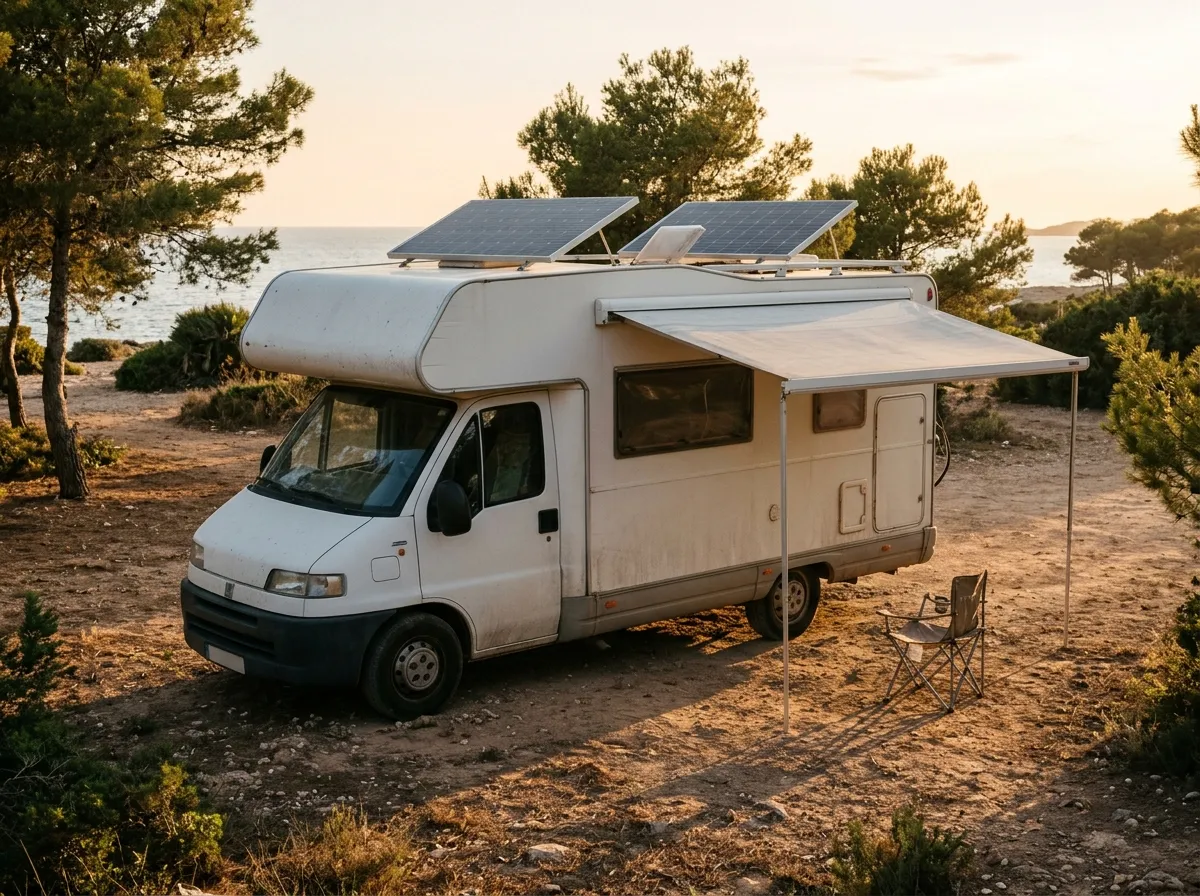 Autocaravana con dos placas solares en el techo aparcada entre pinos junto al mar