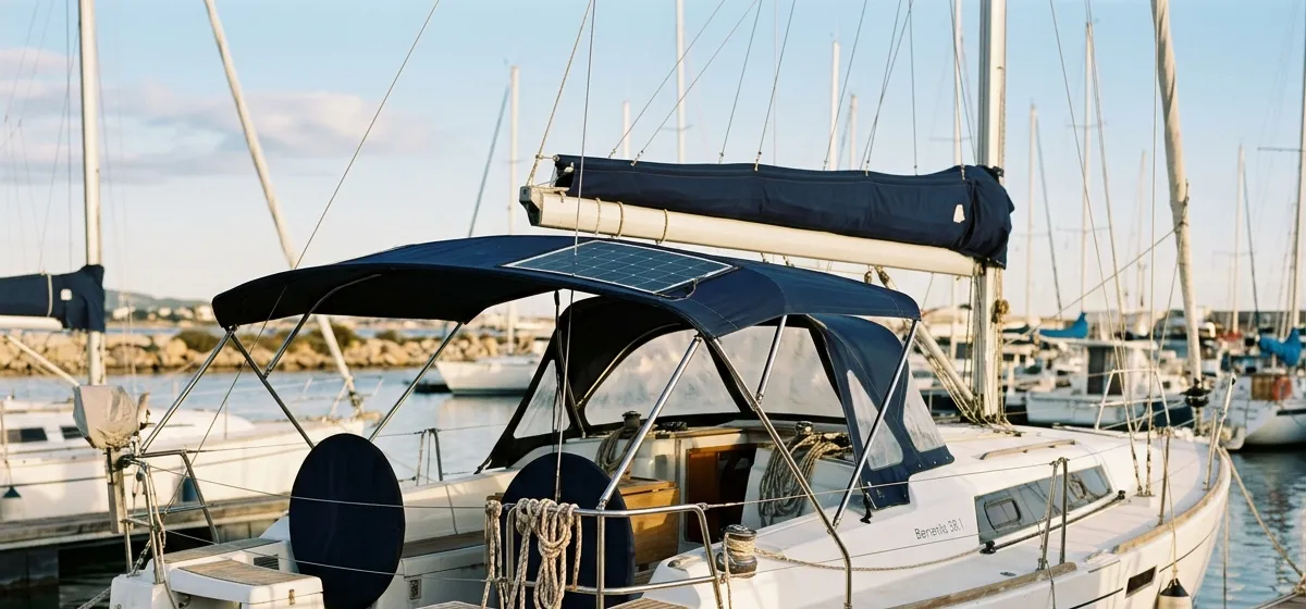 Velero amarrado en un puerto deportivo con placas solares flexibles sobre la capota