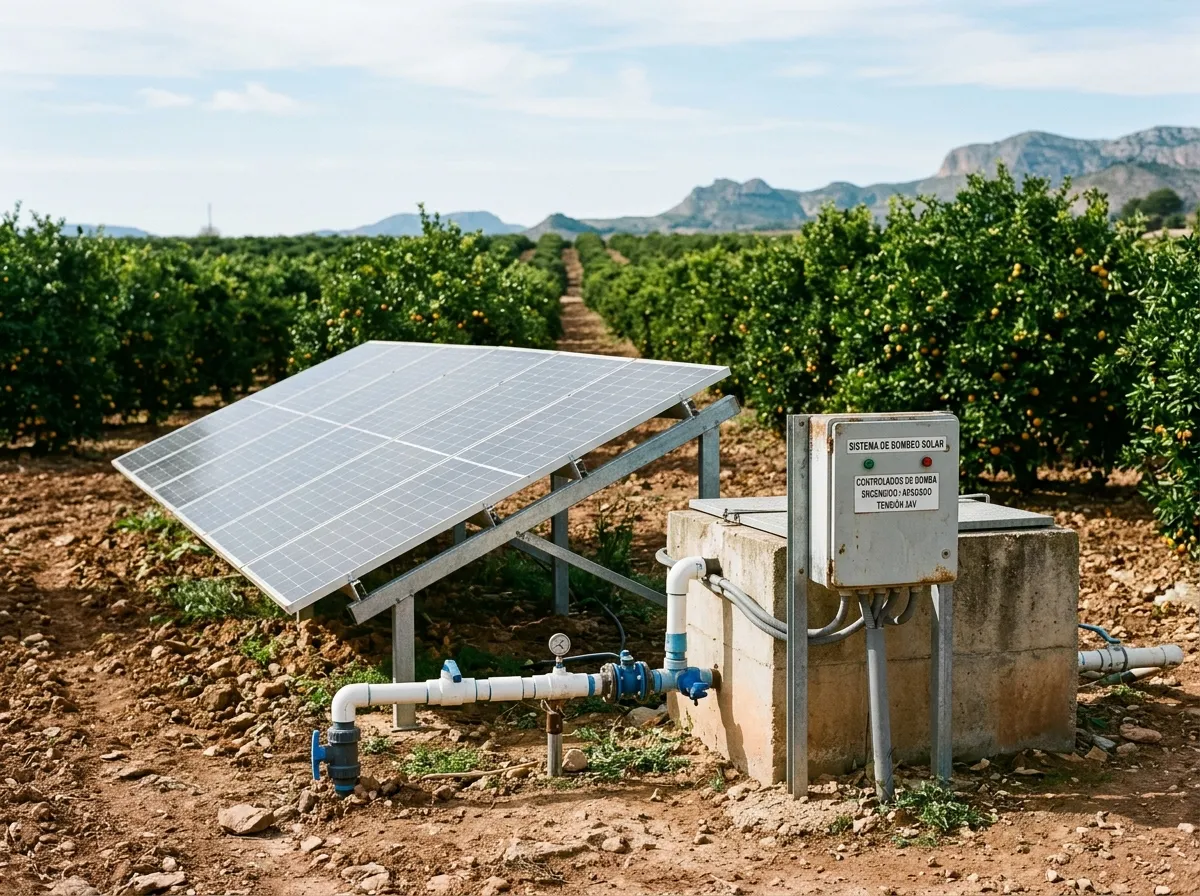 Placas solares en estructura junto a un pozo con bomba en un campo de naranjos